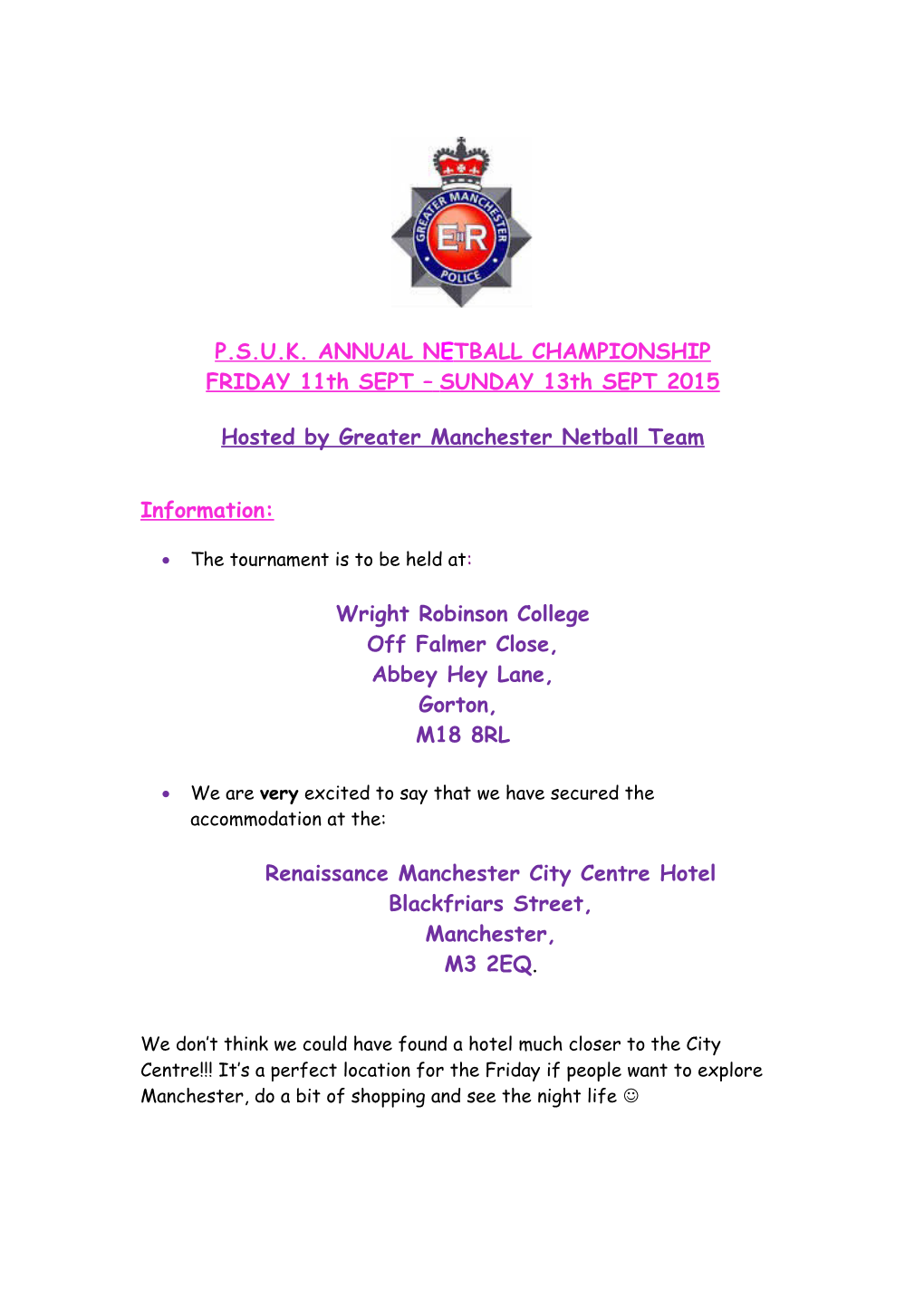 Hosted by Greater Manchester Netball Team