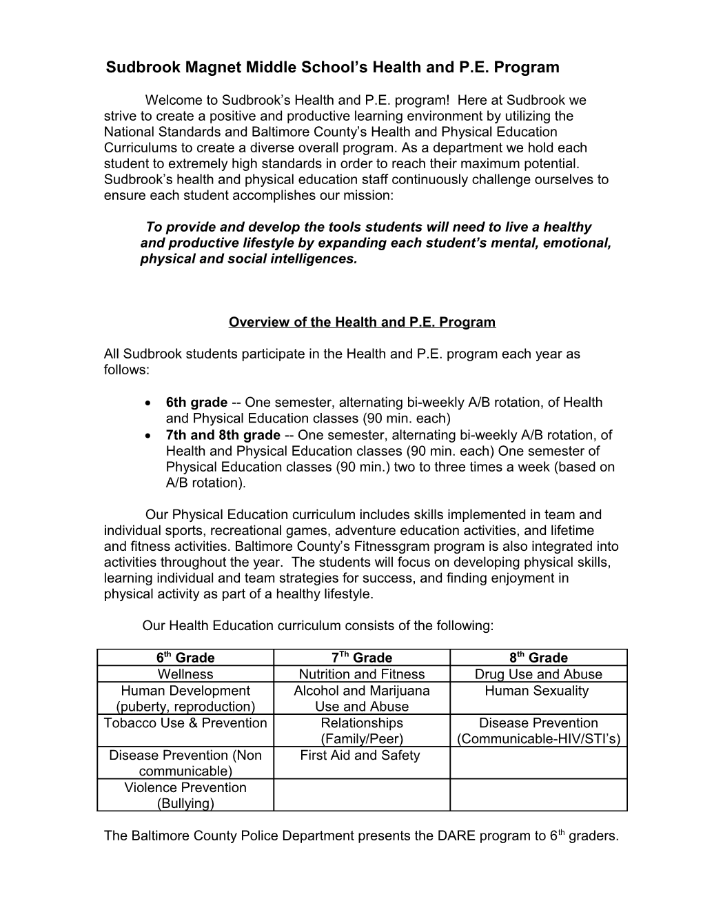 Sudbrook Magnet Middle School S Wellness Program