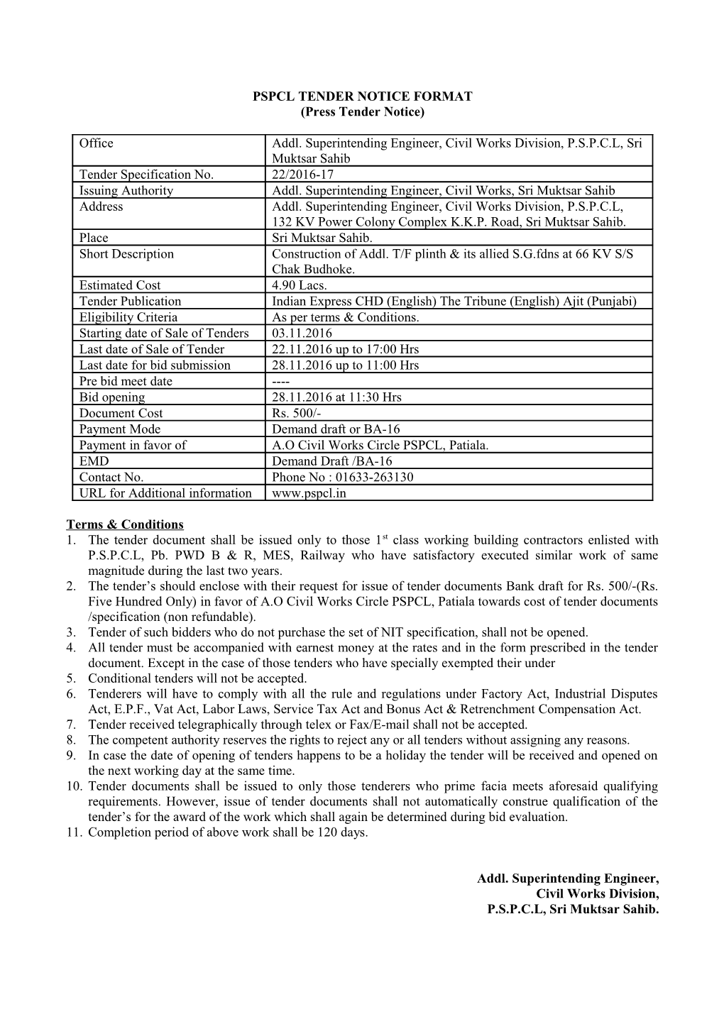 Pspcl Tender Notice Format