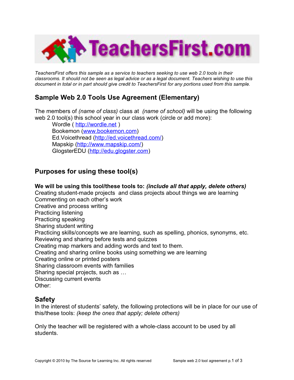 Sample Web 2.0 Tools Use Agreement (Elementary)