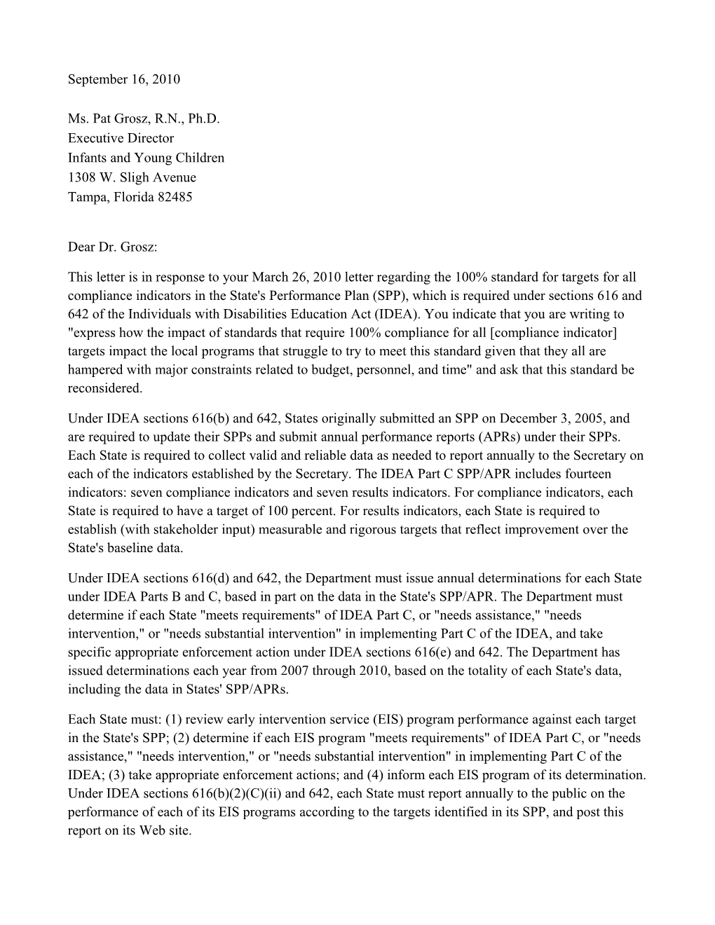 Grosz Letter Dated 09/16/10 Re: State Performance Plans (Ms Word)