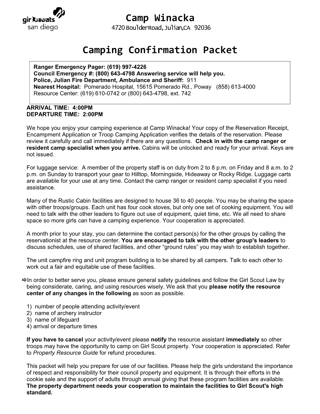 Camping Confirmation Packet