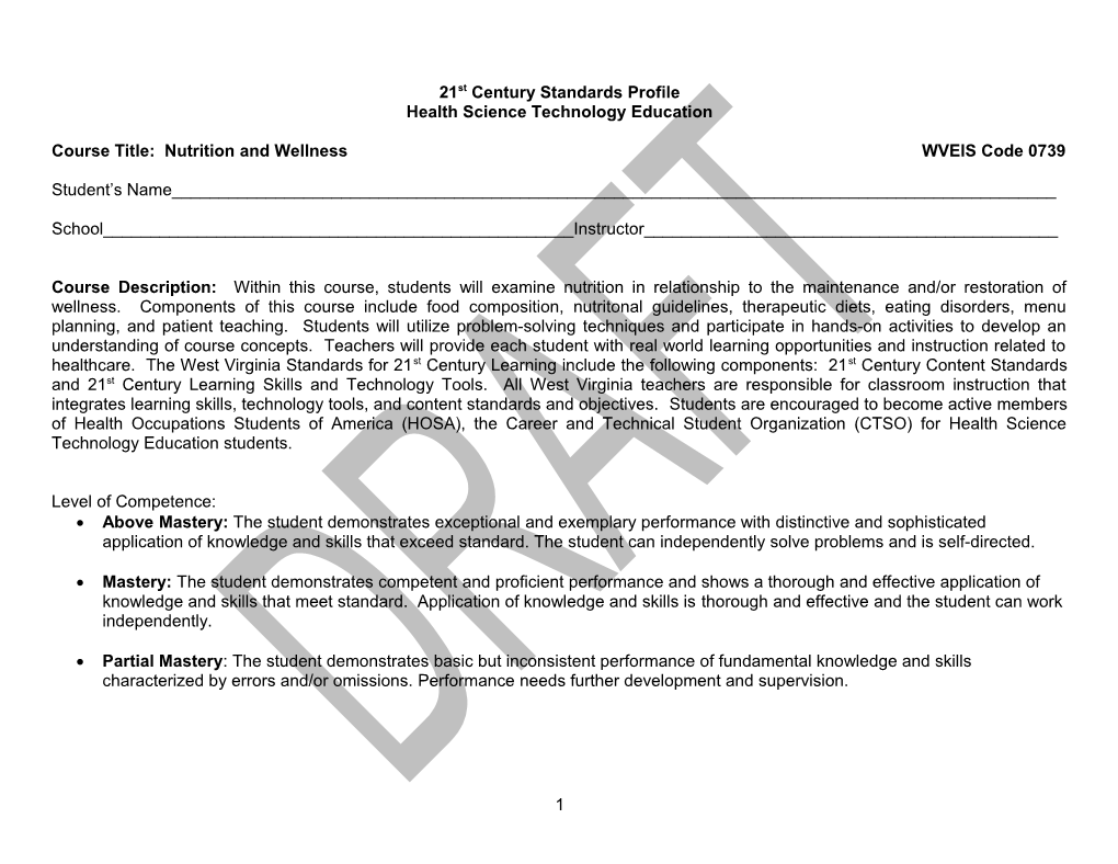 Course Title: Nutrition and Wellness WVEIS Code 0739