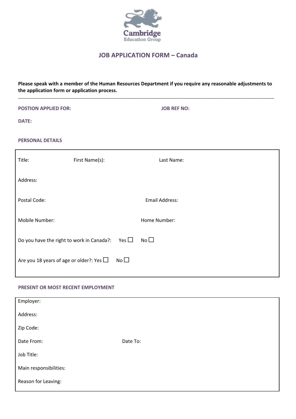 JOB APPLICATION FORM Canada