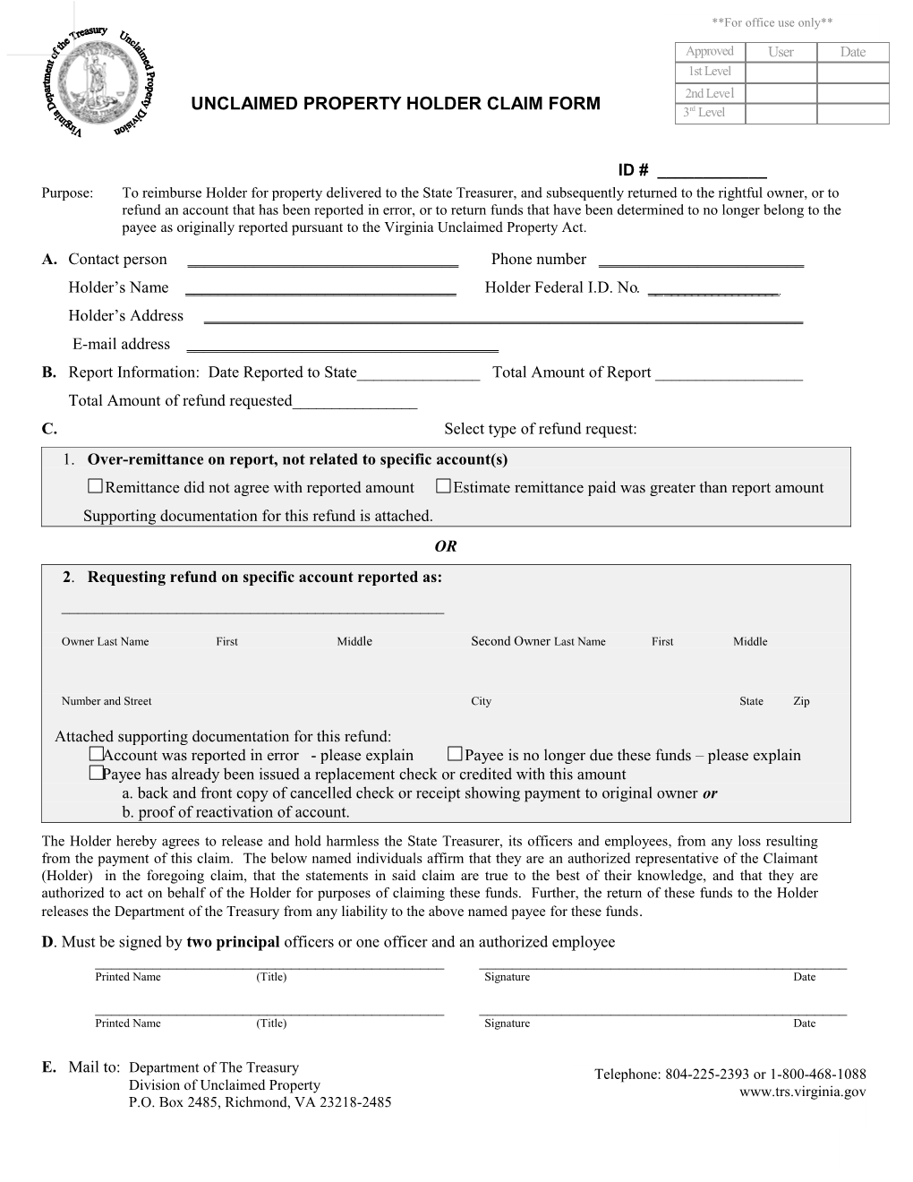 Unclaimed Property Holder Claim Form