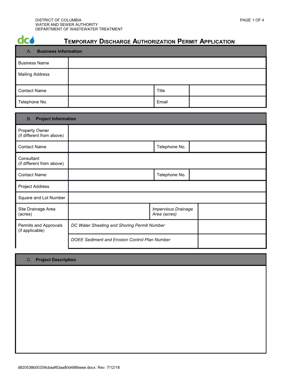 Temporary Discharge Authorization Permit Application