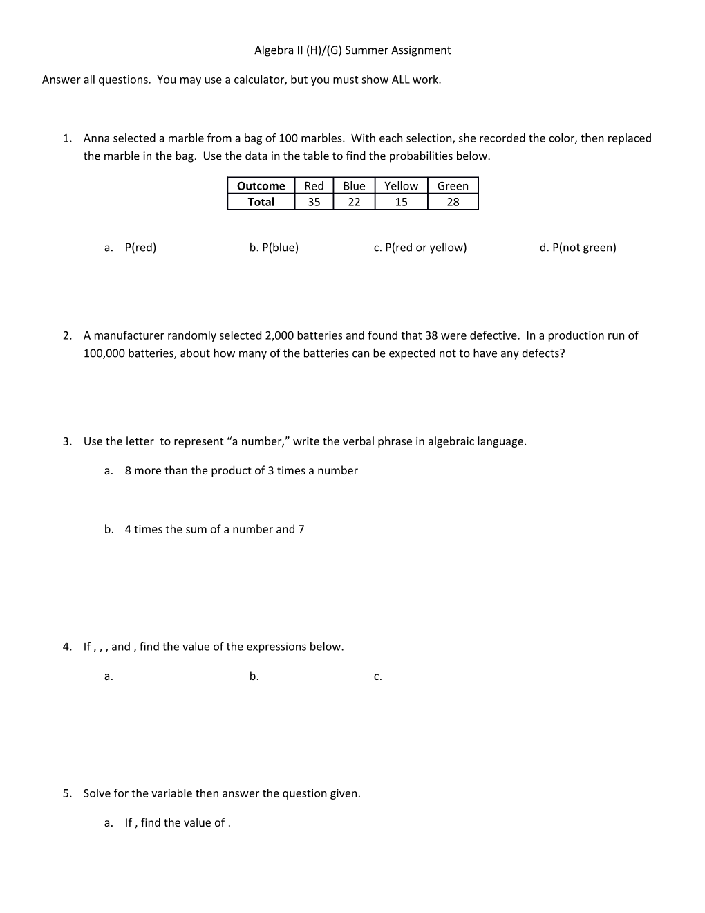 Algebra II (H)/(G) Summer Assignment