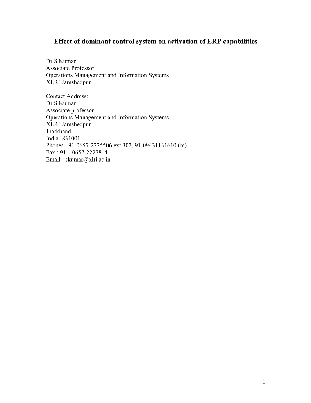 Effect of Dominant Control System on Effectiveness of ERP Implementation