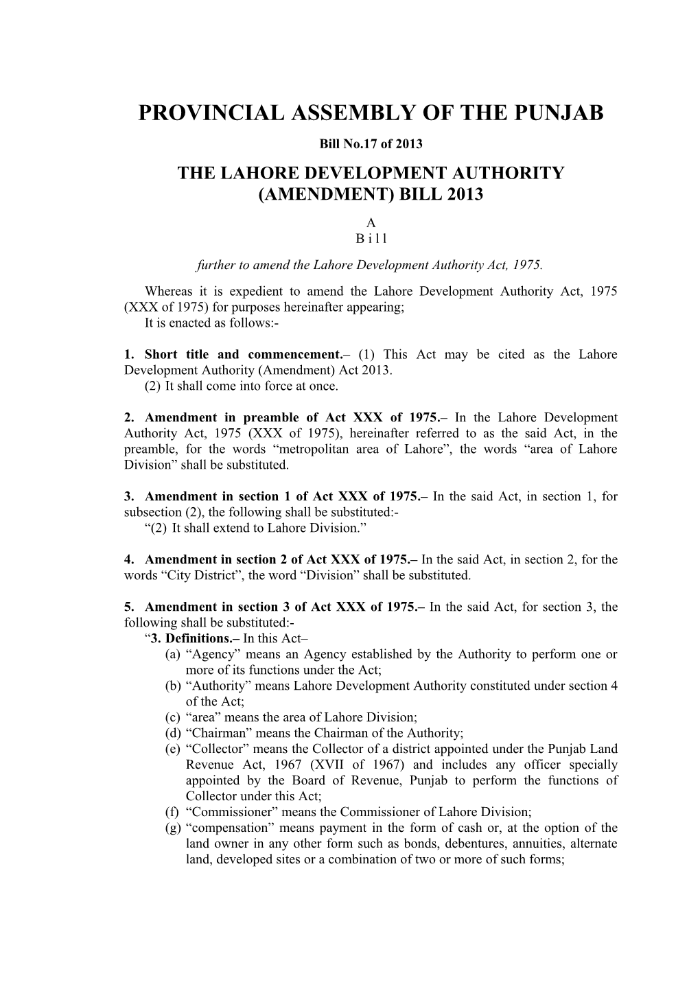 The Lahore Development Authority (Amendment) Ordinance 2013