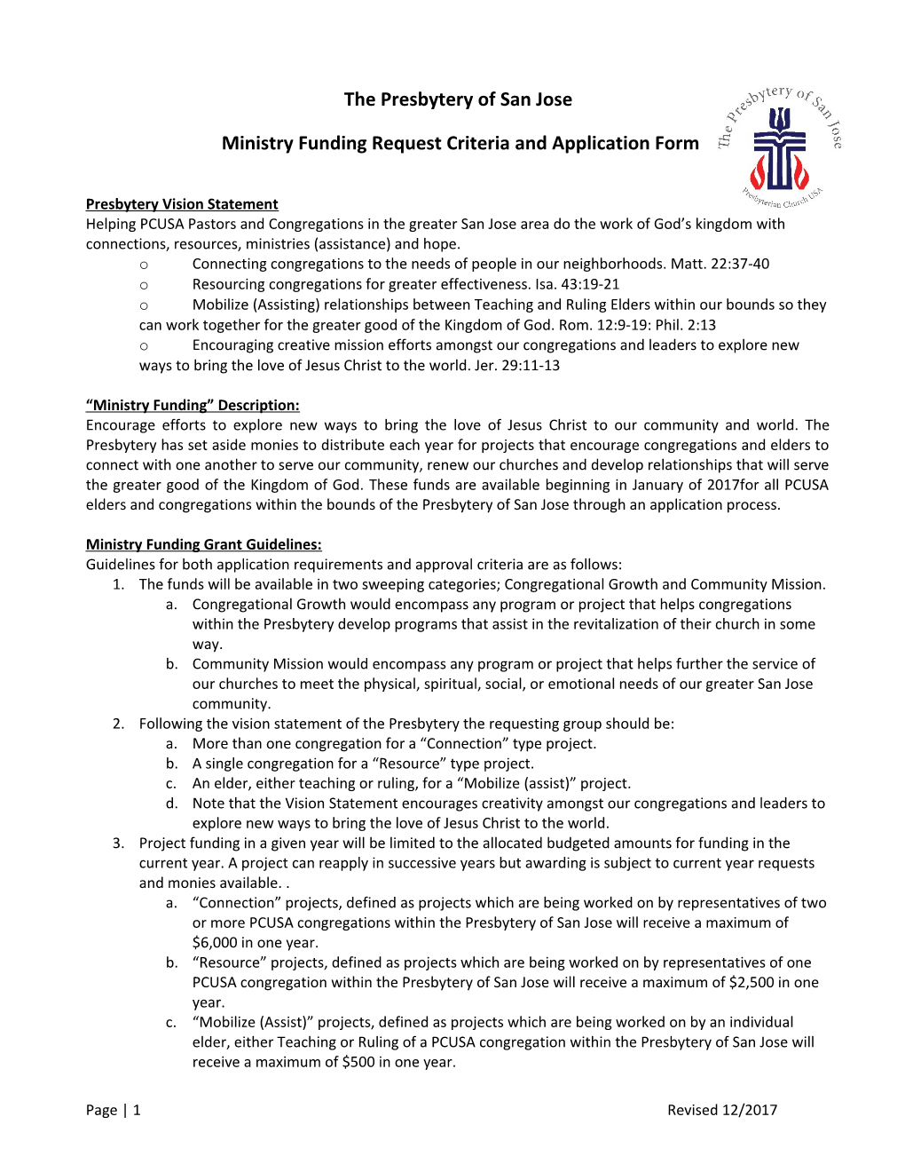 Ministry Funding Request Criteria and Application Form