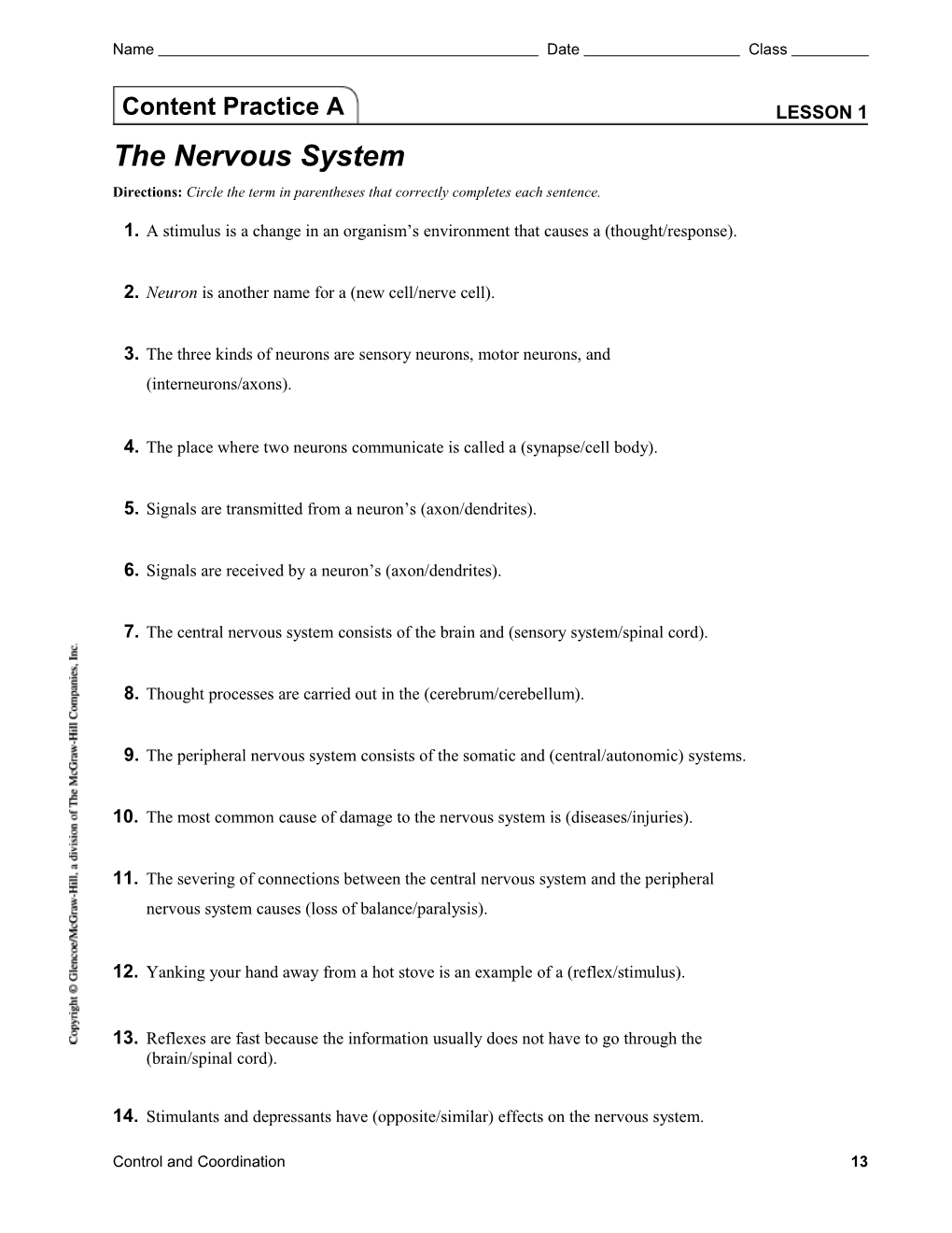 Lesson 1 the Nervous System