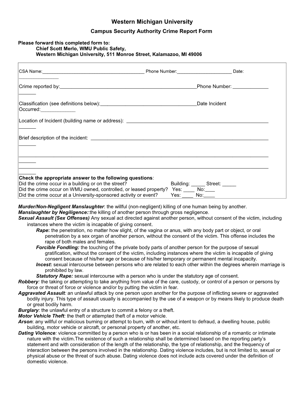 Campus Security Authority Crime Report Form