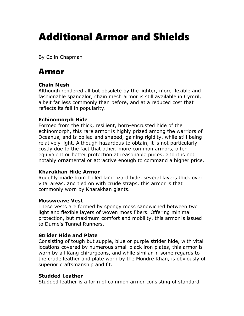 Additional Armor and Shields