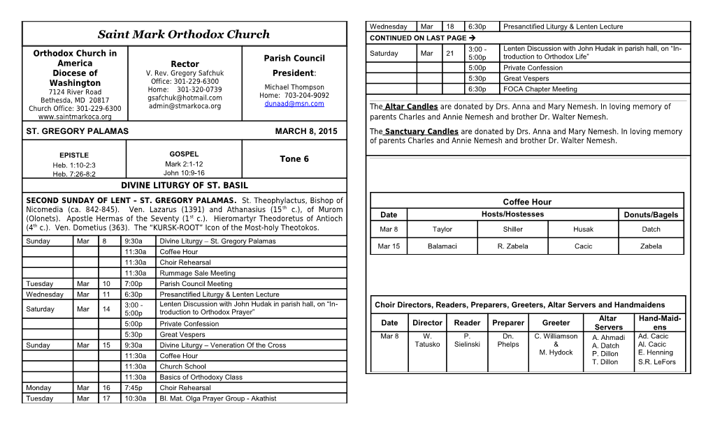 Choir Directors, Readers, Preparers, Greeters, Altar Servers and Handmaidens