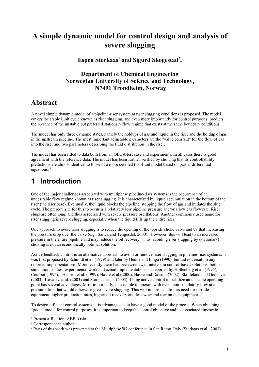 A Low-Dimensional Dynamic Model of Severe Slugging for Control Design and Analysis