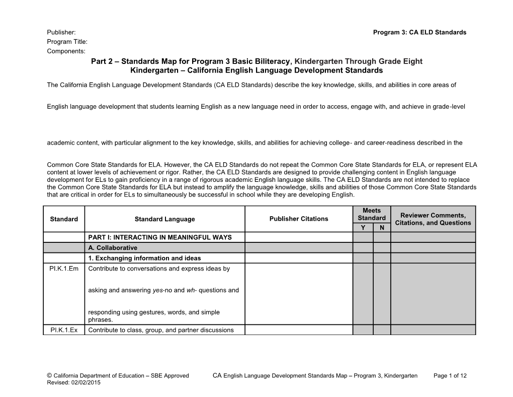 ELD Standards Map, Program 3 Grade Kindergarten - Instructional Materials (CA Dept of Education)