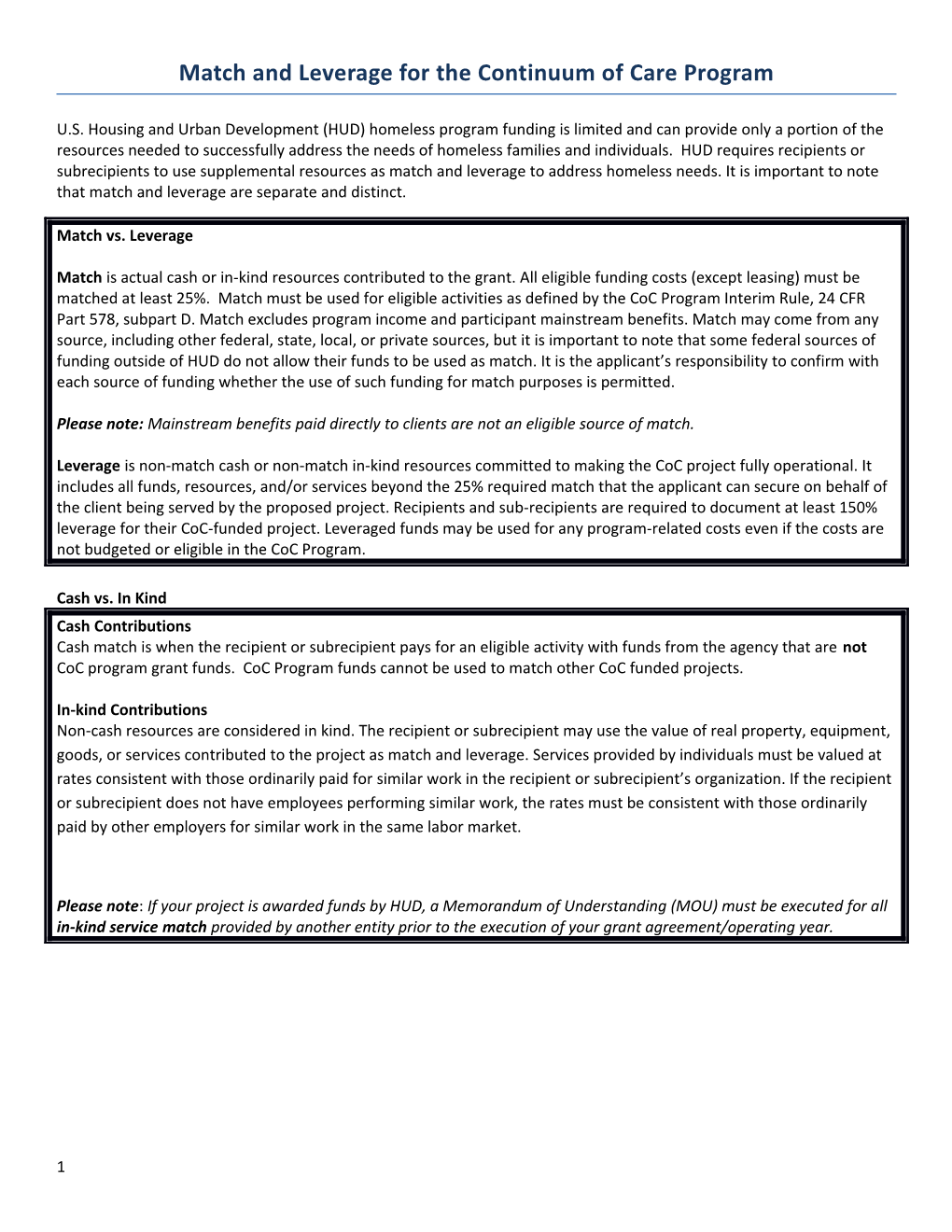 Matchand Leverage for the Continuum of Care Program