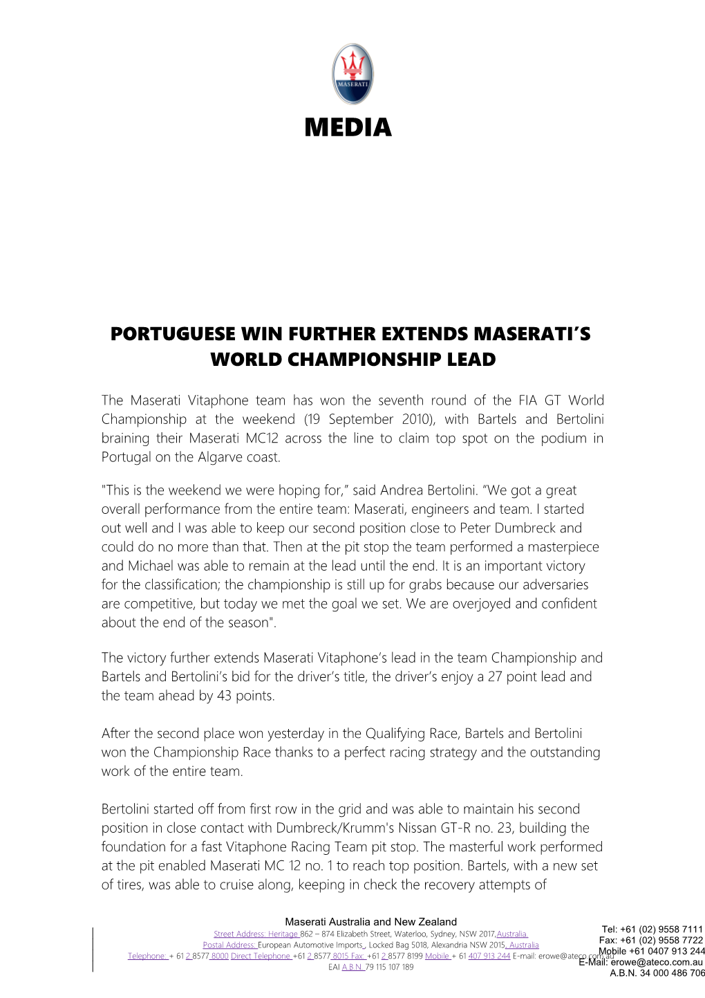 Portuguese Win Further Extends Maserati S