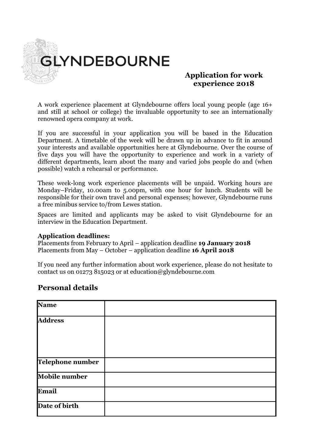 Application for Work Experience 2018