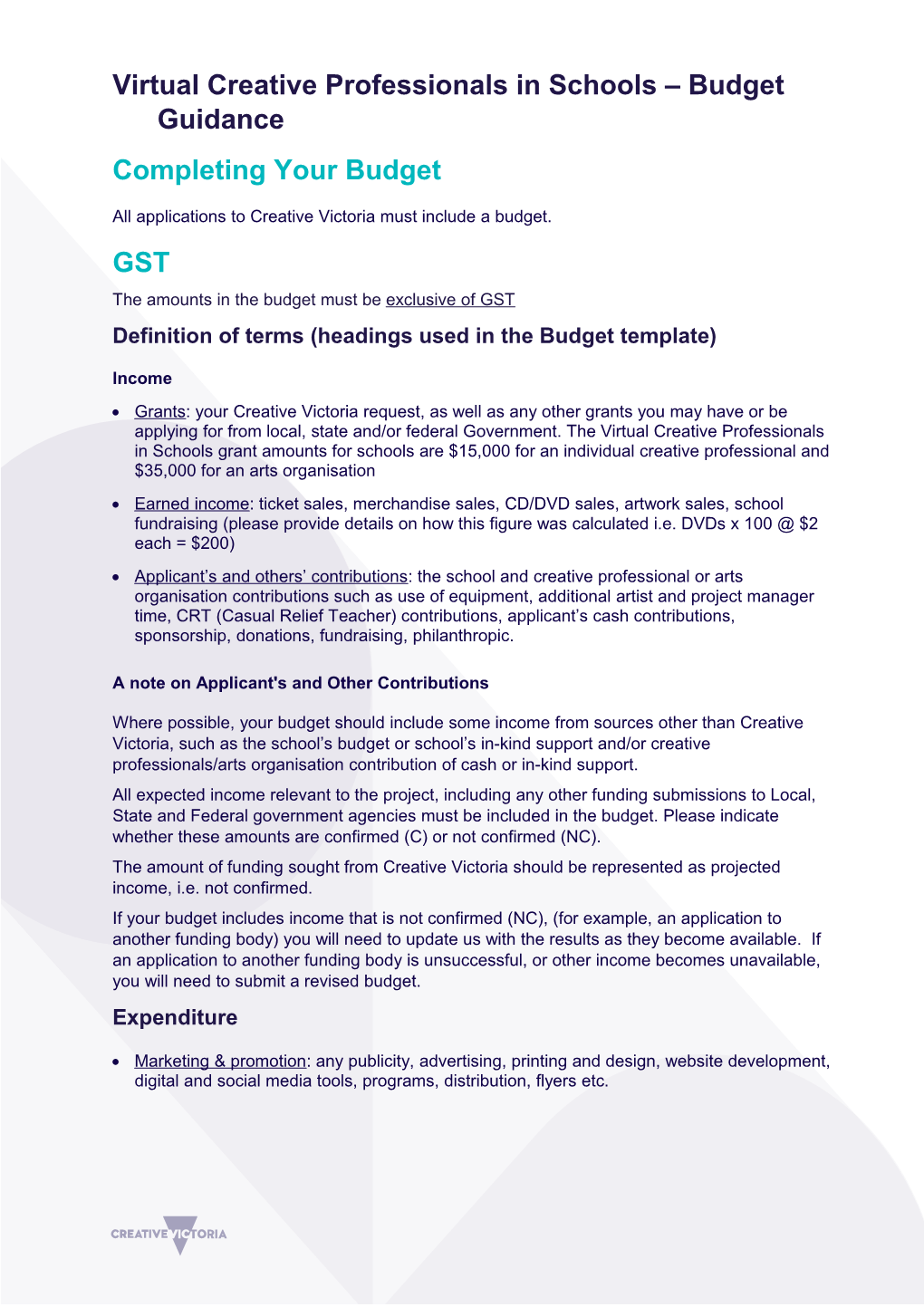 Virtual Creative Professionals in Schools Budget Guidance