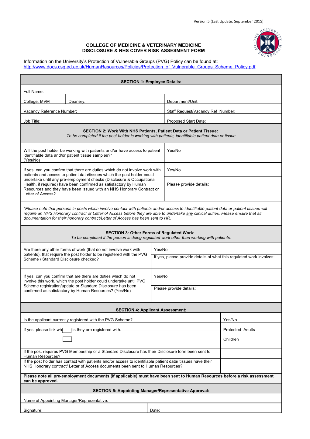 Disclosure & Nhs Cover Risk Assesment Form
