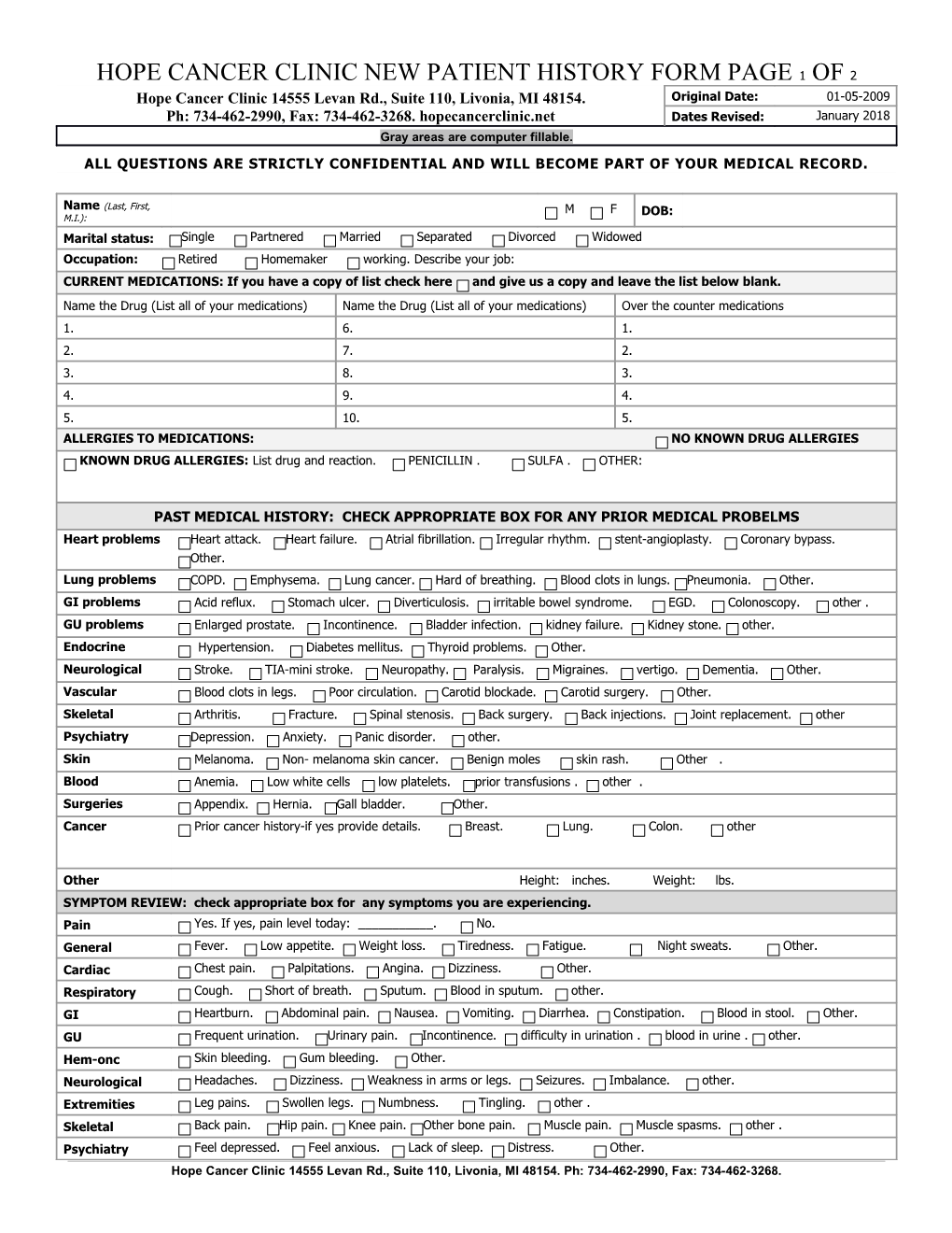 Hope Cancer Clinic New Patient History Form Page 1 of 2