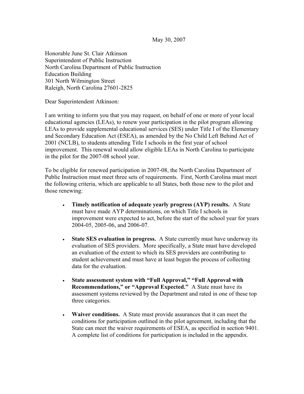 Renewal Letter to NC to Reapply for SES Pilot Program (MS Word)