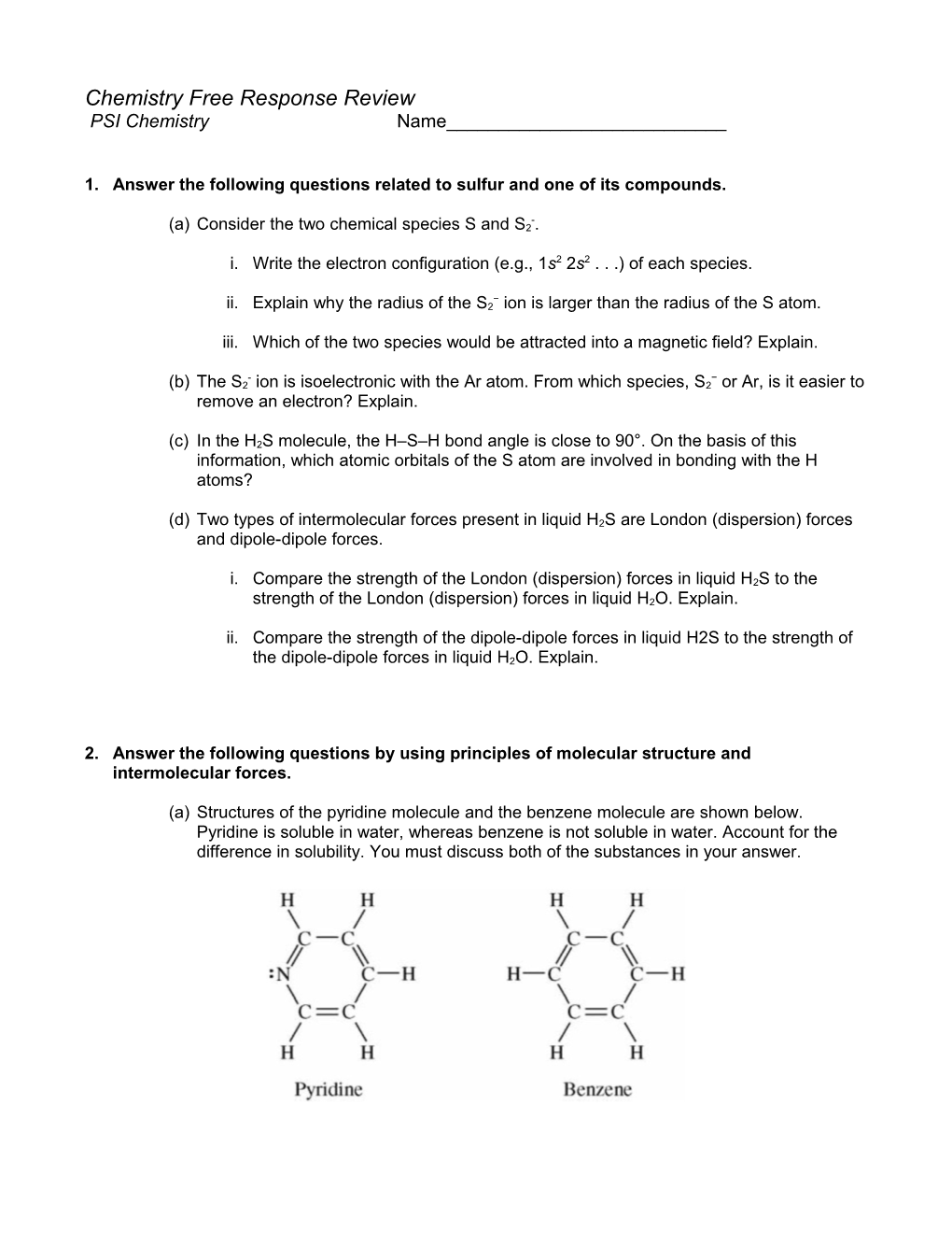 Chemistry Free Response Review