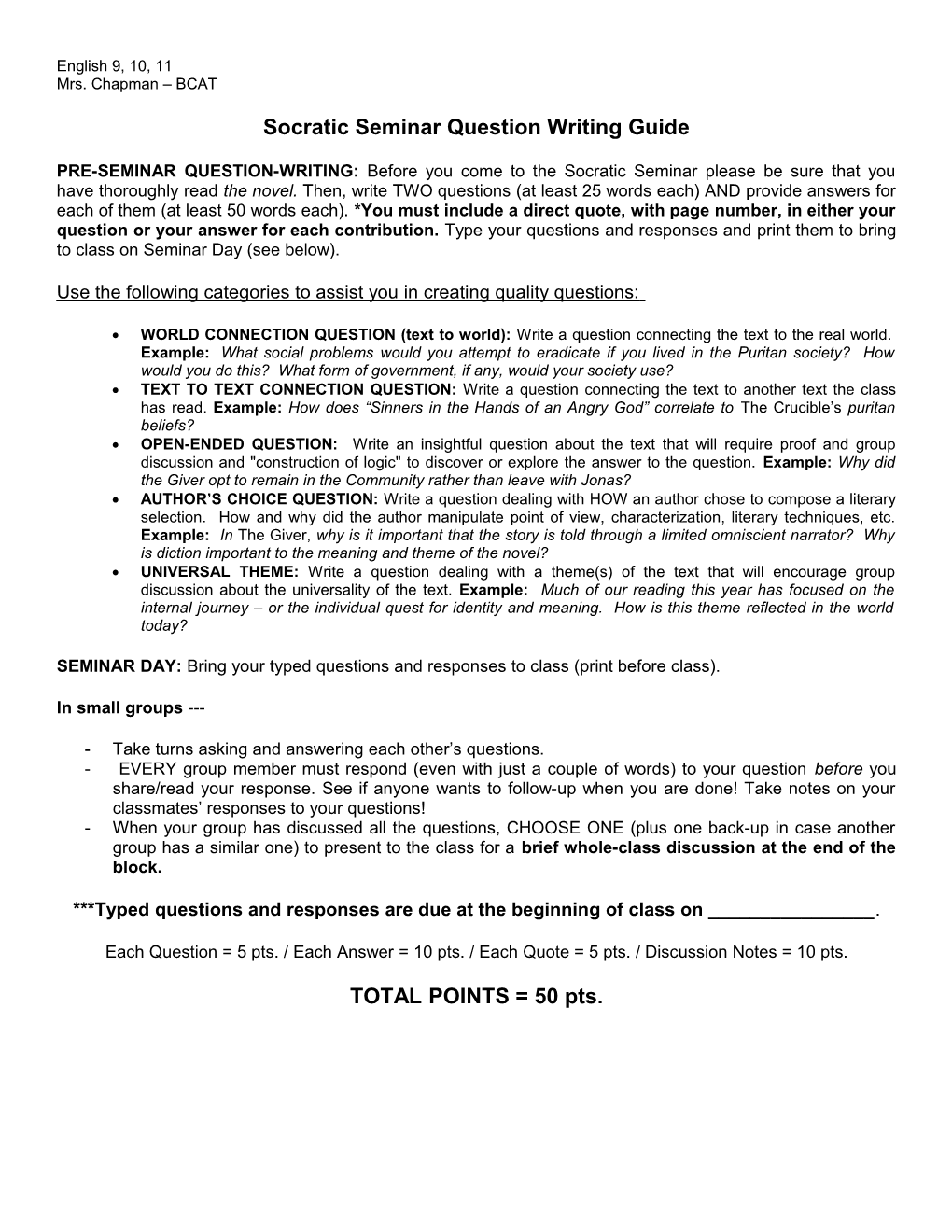 Socratic Seminar Question Writing Guide