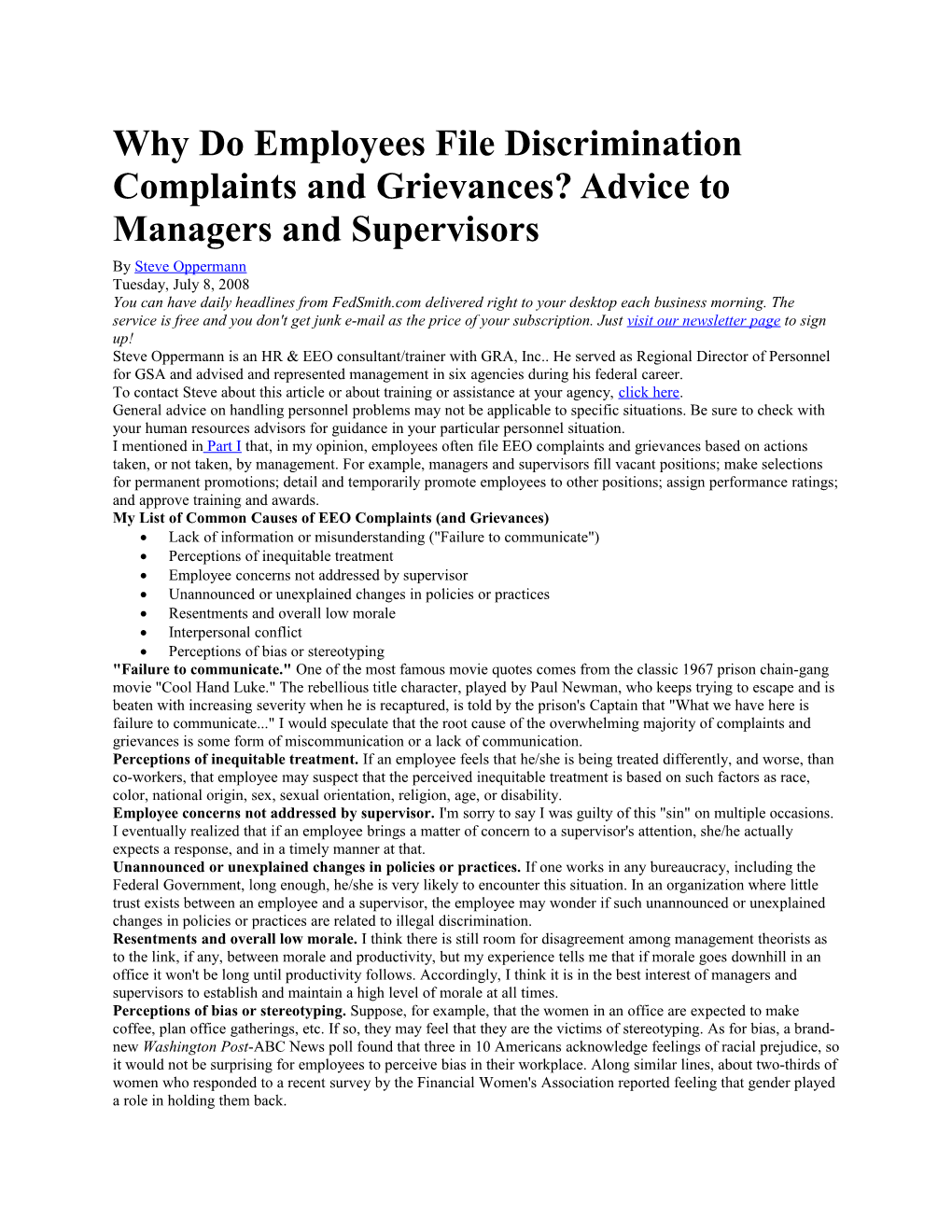 Why Do Employees File Discrimination Complaints and Grievances? Advice to Managers And