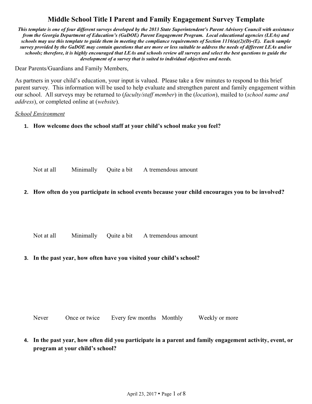 Middle School Title I Parent and Family Engagementsurvey Template