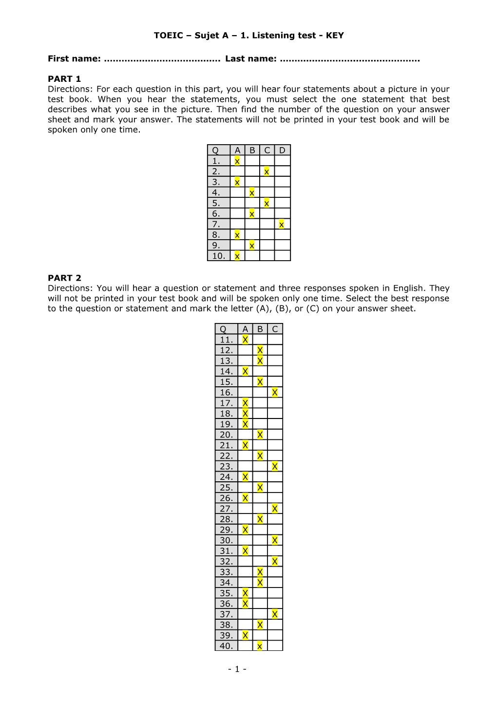 TOEIC Sujet a 1. Listening Test - KEY