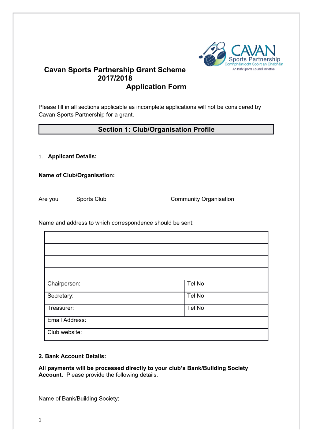 Cavan Sports Partnership Grant Scheme 2017/2018