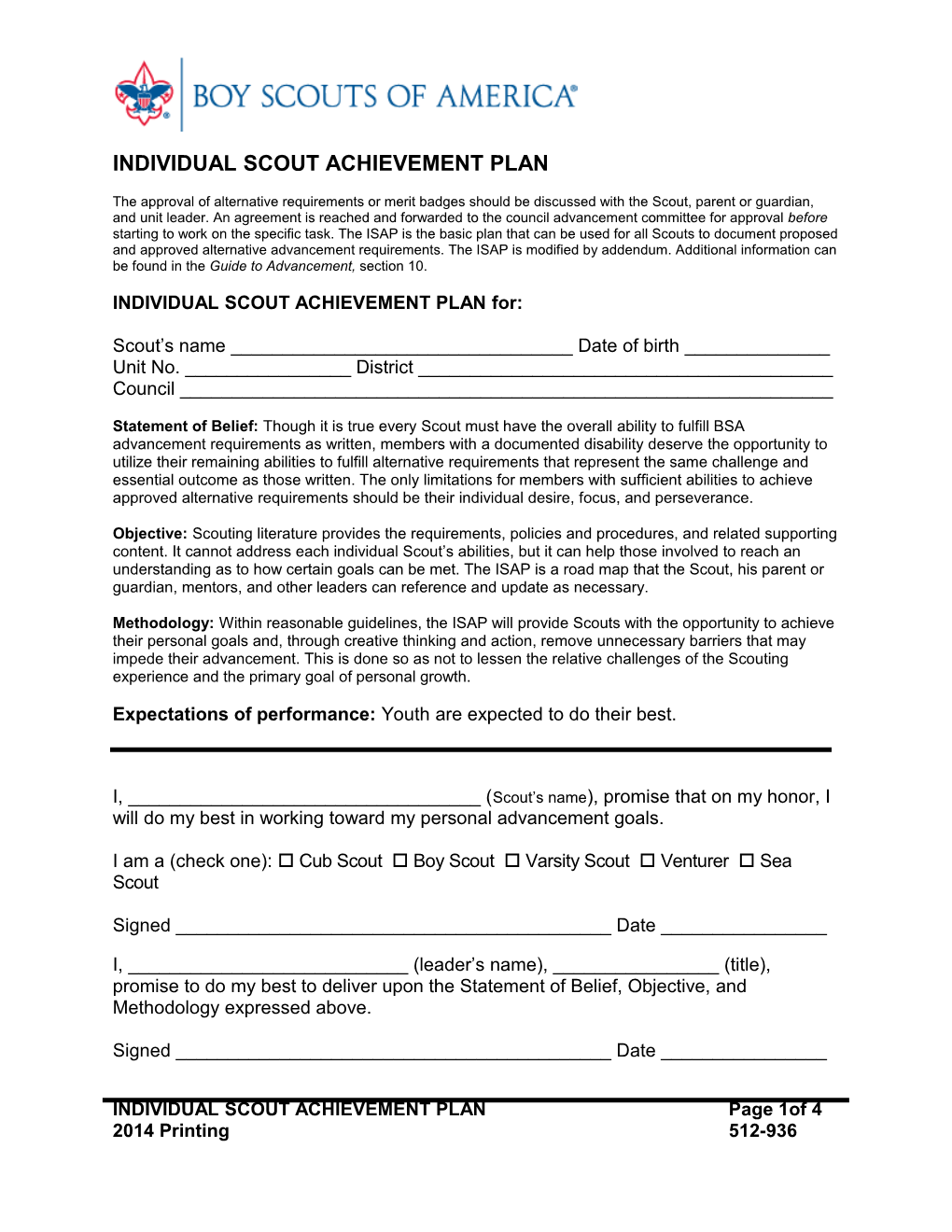 Individual Scout Achievement Plan