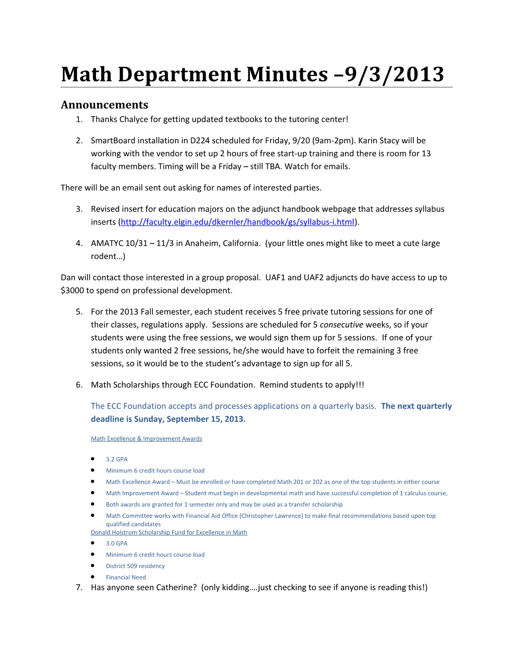 Math Department Minutes 9/3/2013