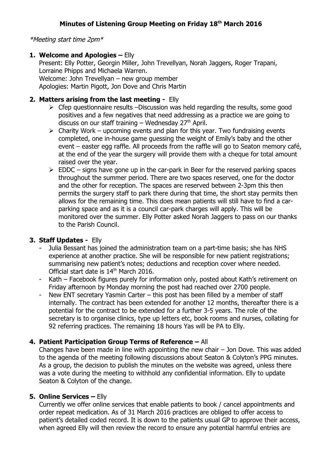 Minutes of Listening Group Meeting on Friday 18Th March 2016