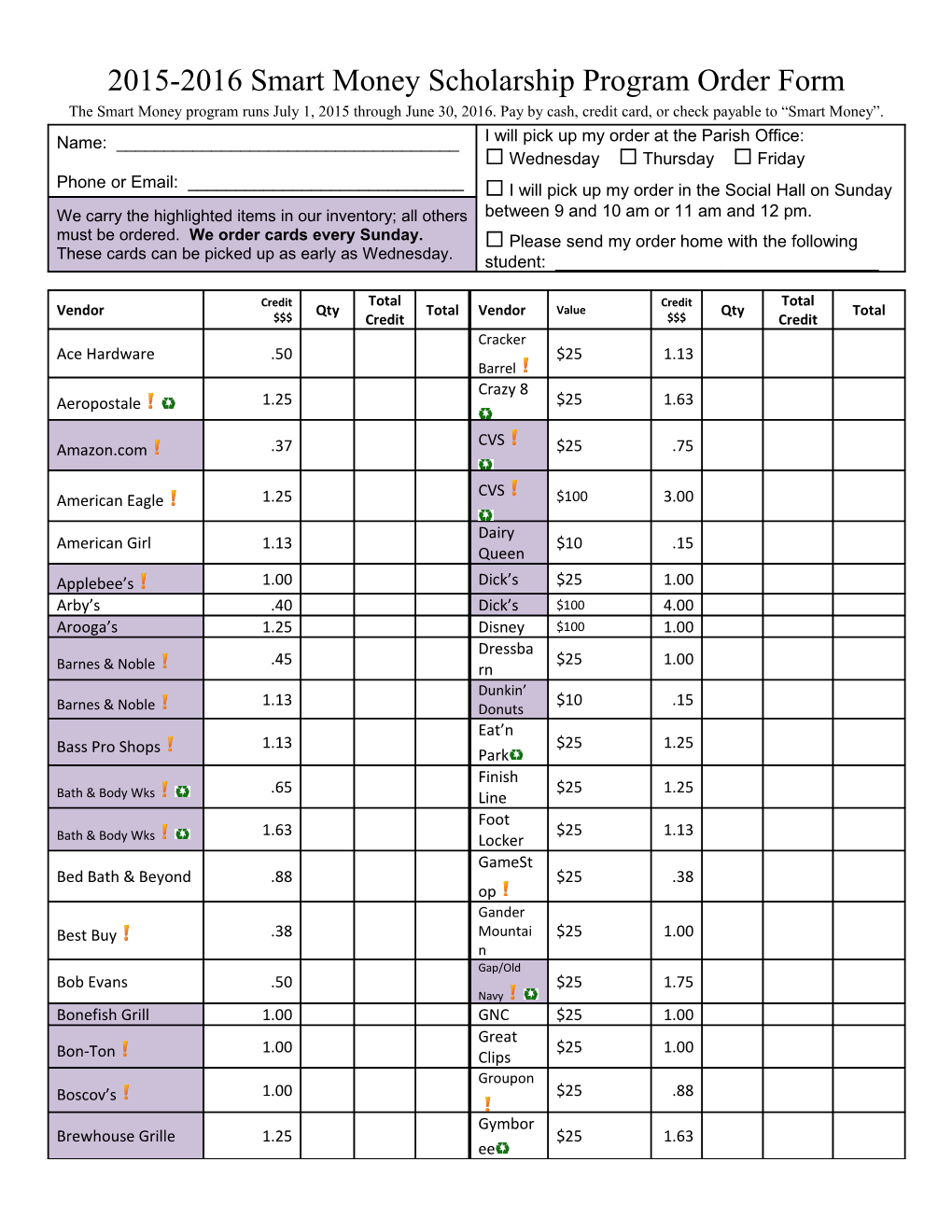 2015-2016 Smart Money Scholarship Program Order Form