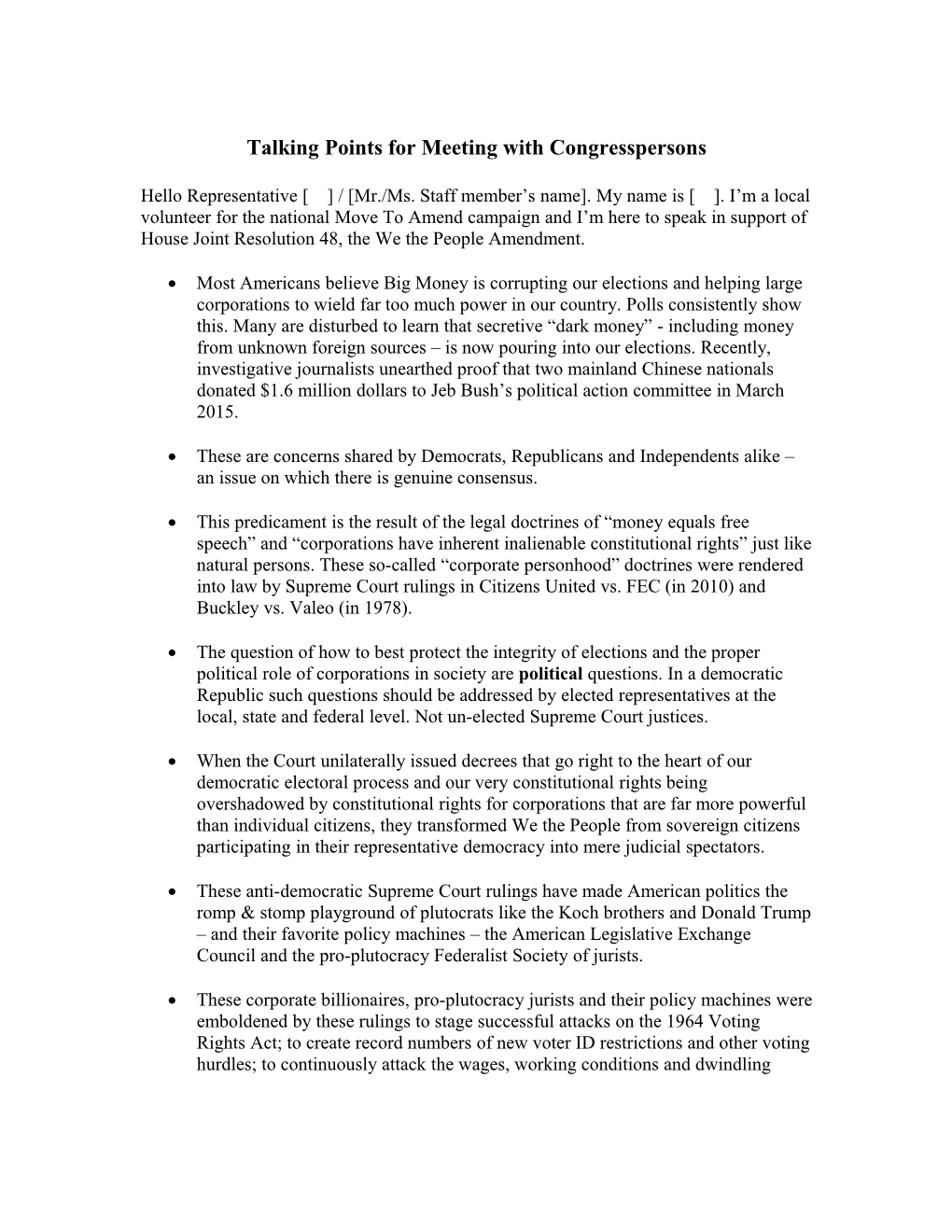 Talking Points for Meeting with Congresspersons