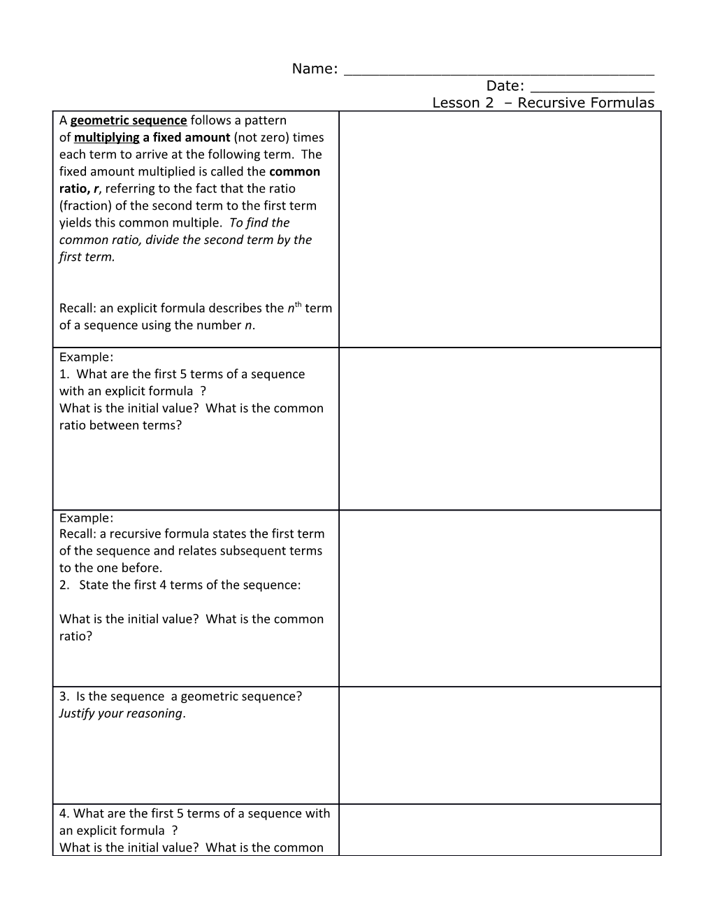 Lesson 2 Recursive Formulas