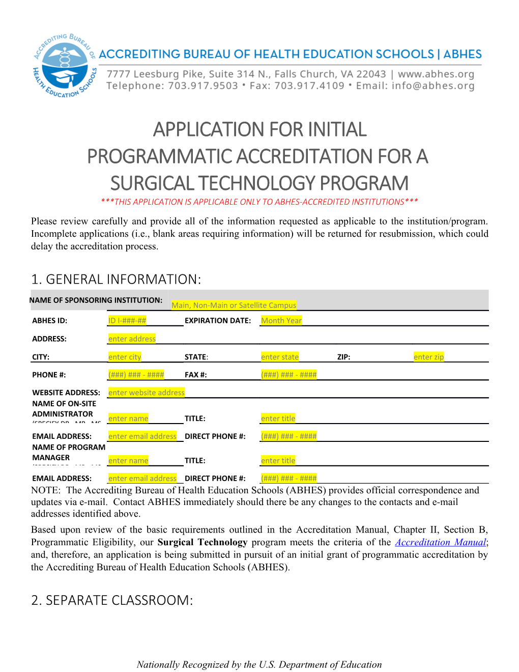 Application for Initial Programmatic Accreditation for a Surgical Technology Program