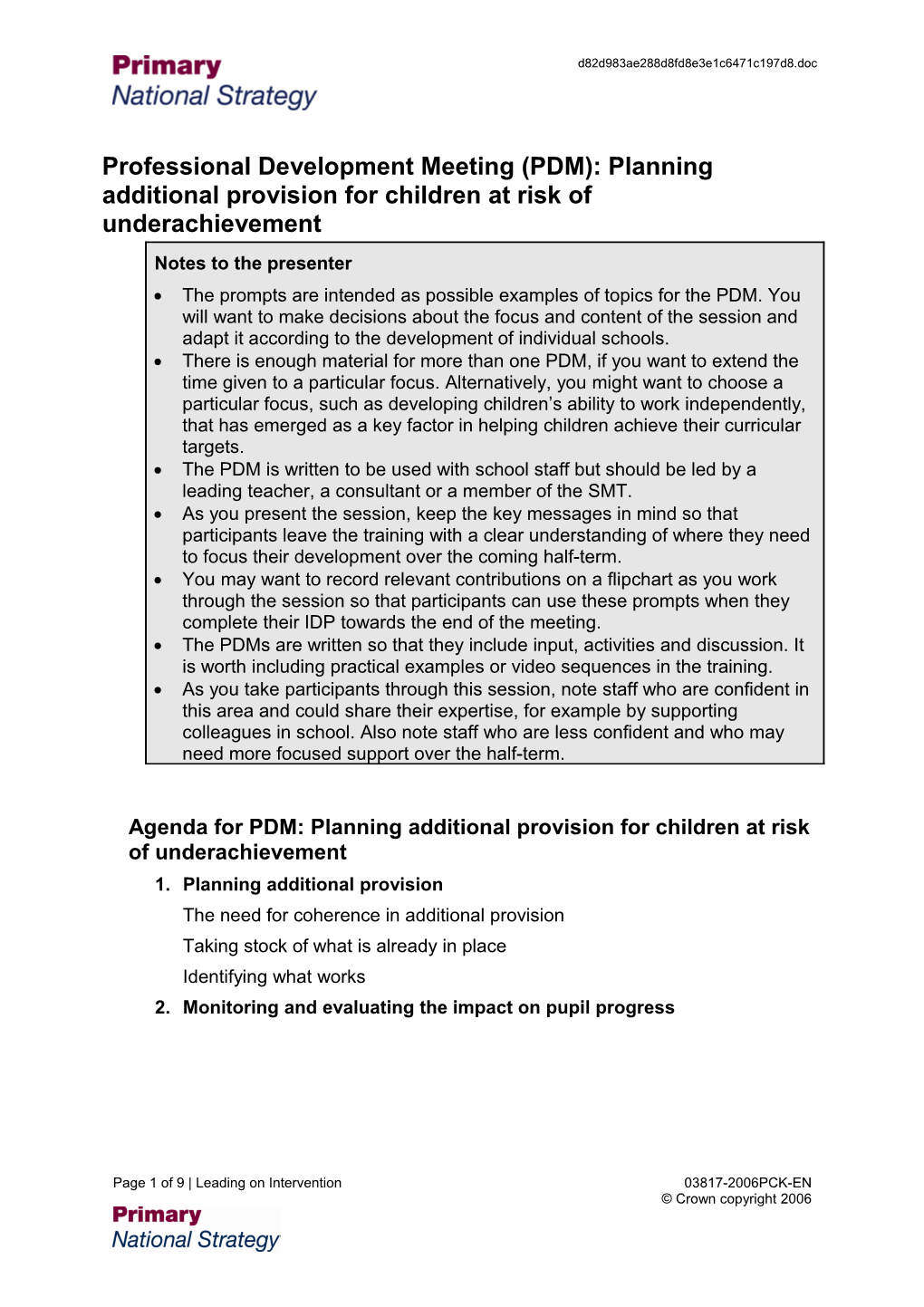 Professional Development Meeting (PDM): Planning Additional Provision for Children At