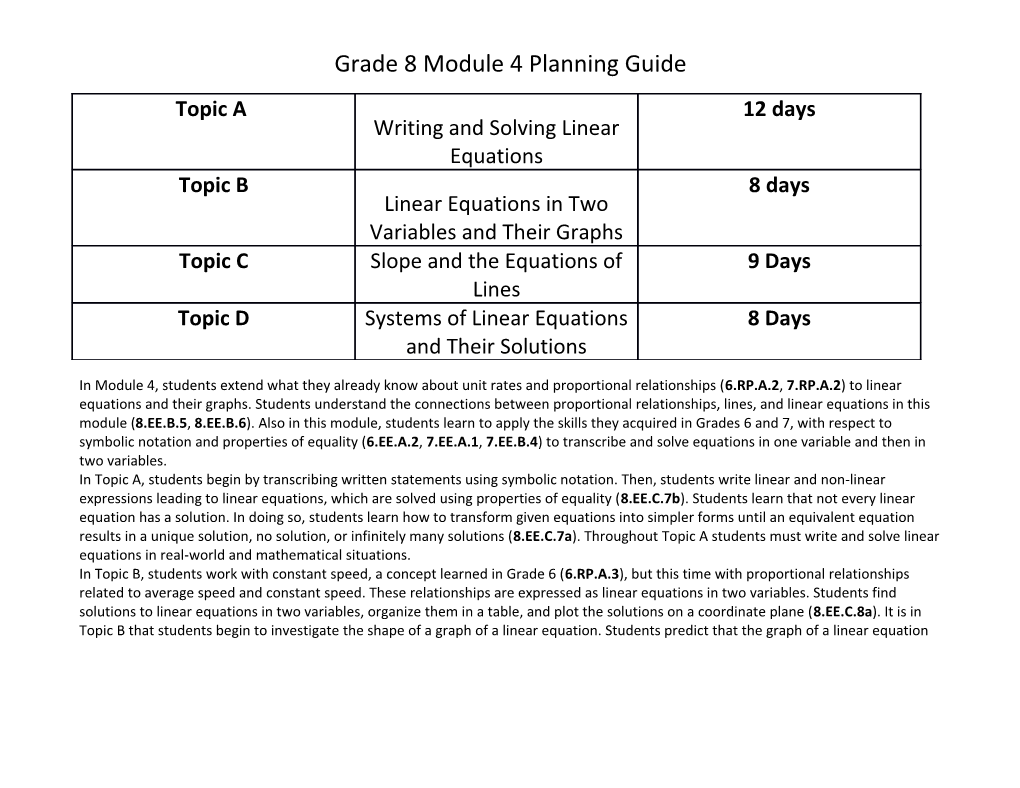 Grade 8 Module 4 Planning Guide