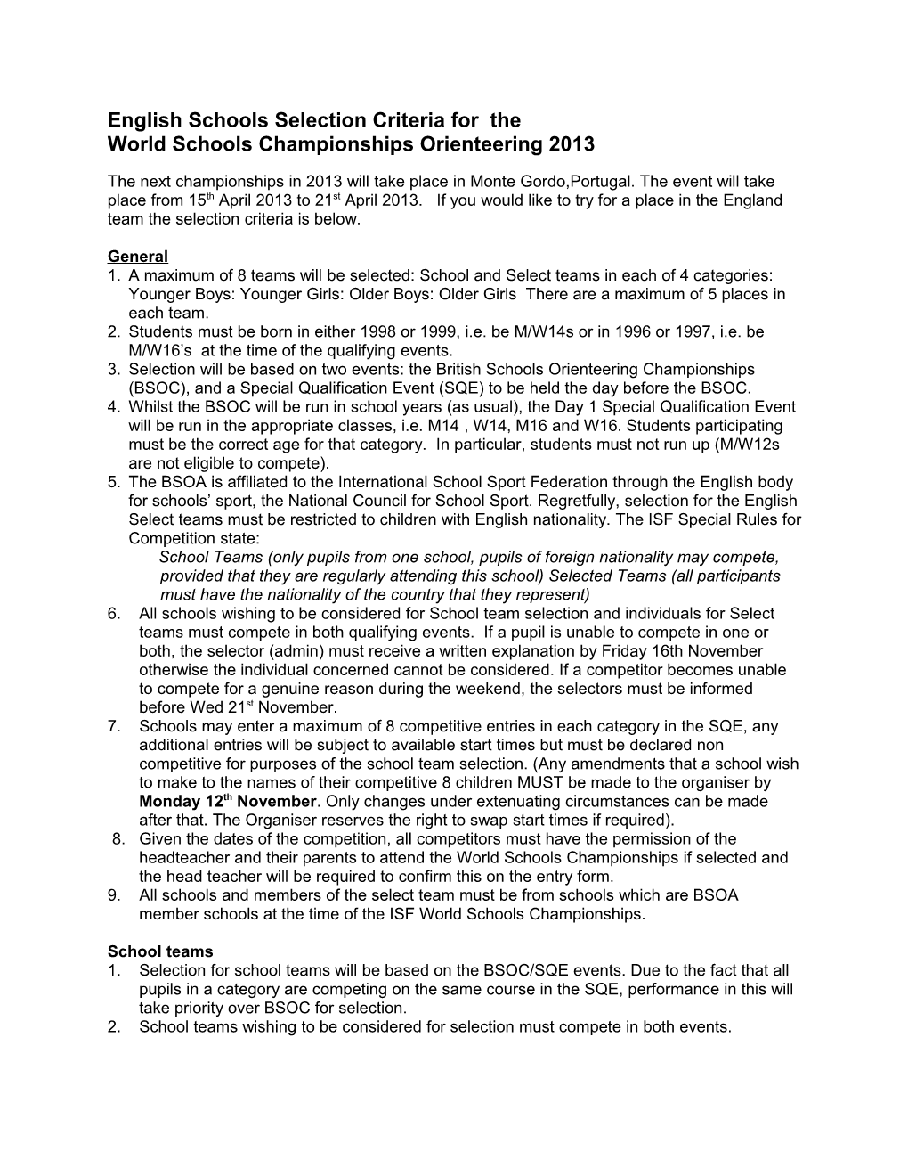 English Schools Selection Criteria for The