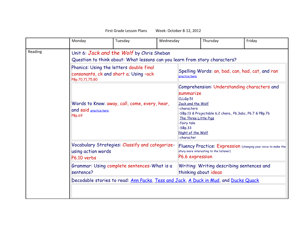 First Grade Lesson Plans Week:October 8-12, 2012