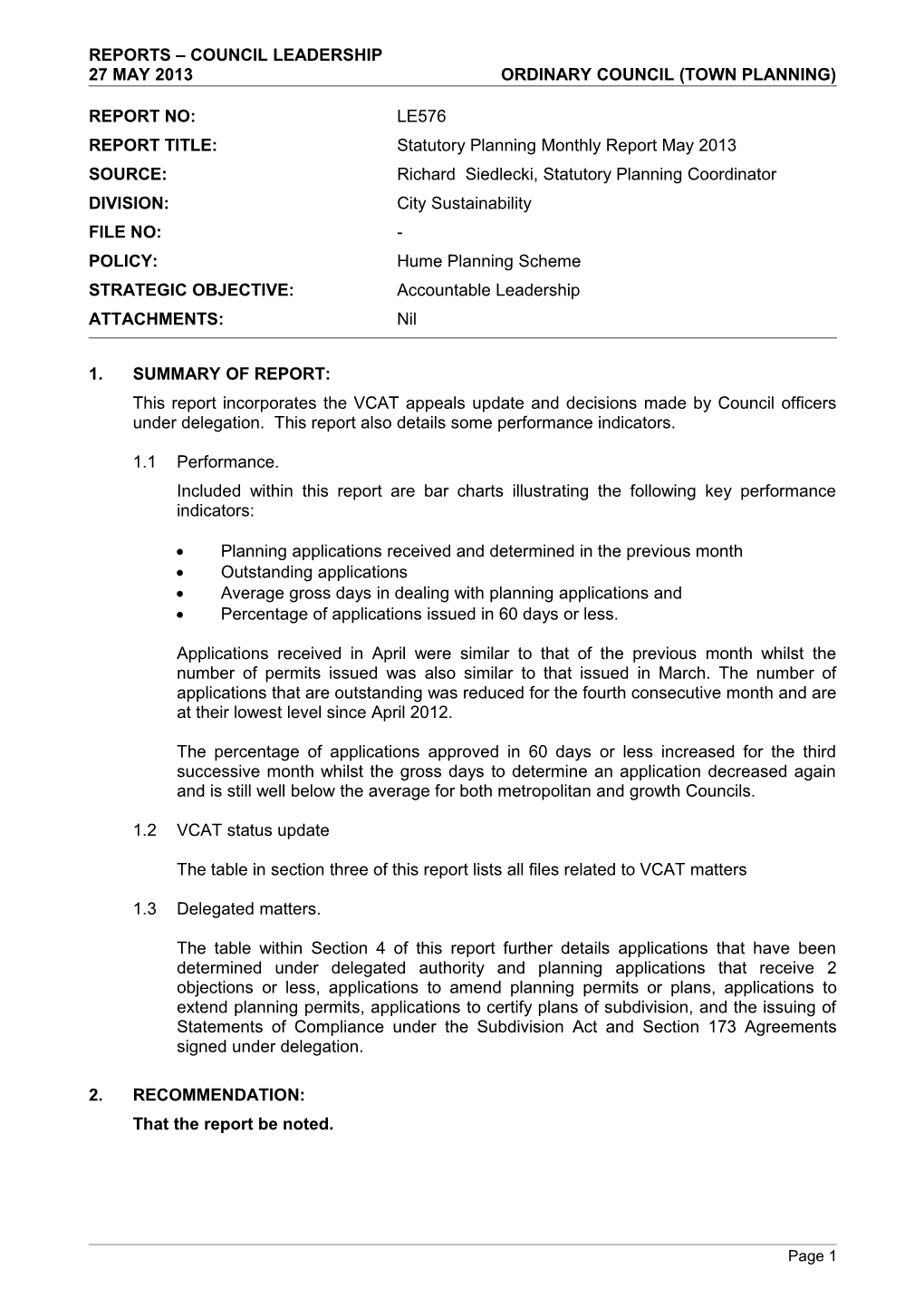 Ordinary Council (Town Planning) - 27 May 2013