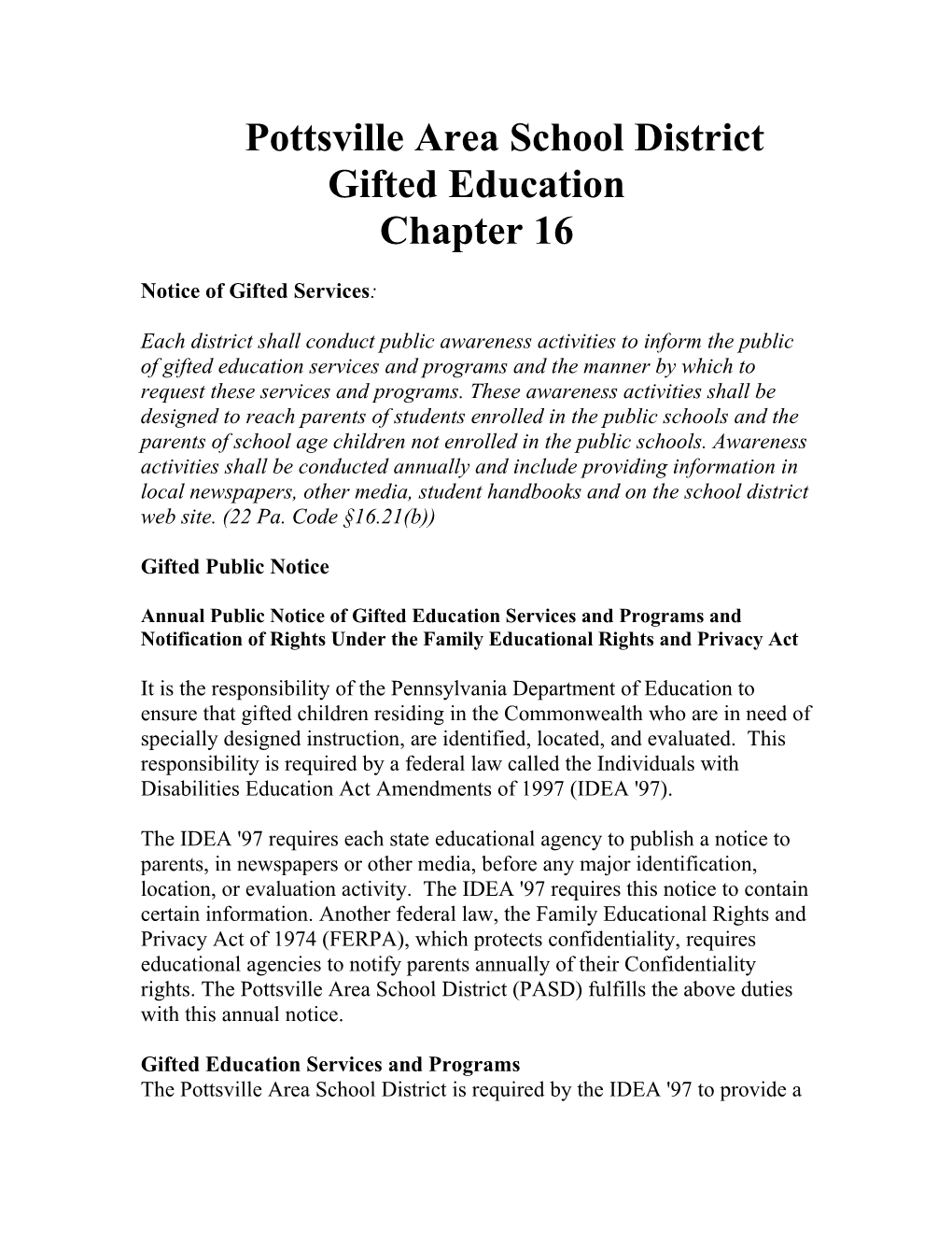 Pottsville Area School District - Gifted Education