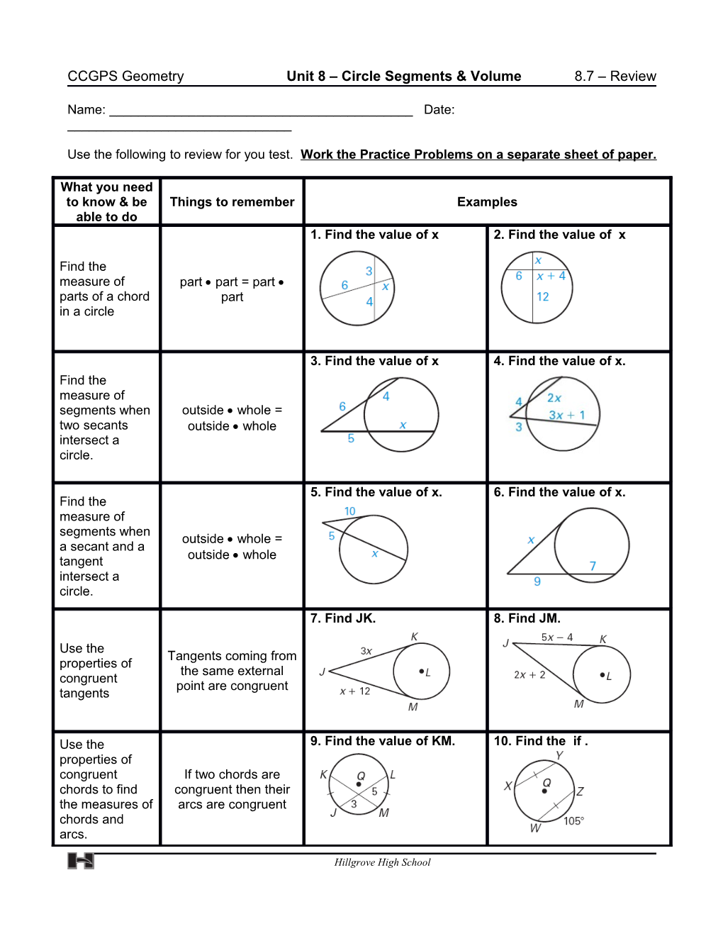 CCGPS Geometry Unit 8 Circle Segments & Volume 8.7 Review