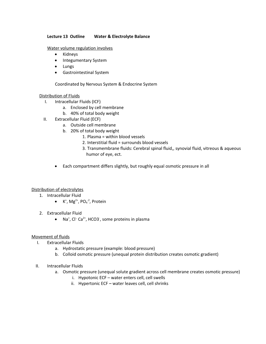 Lecture13 Outlinewater & Electrolyte Balance