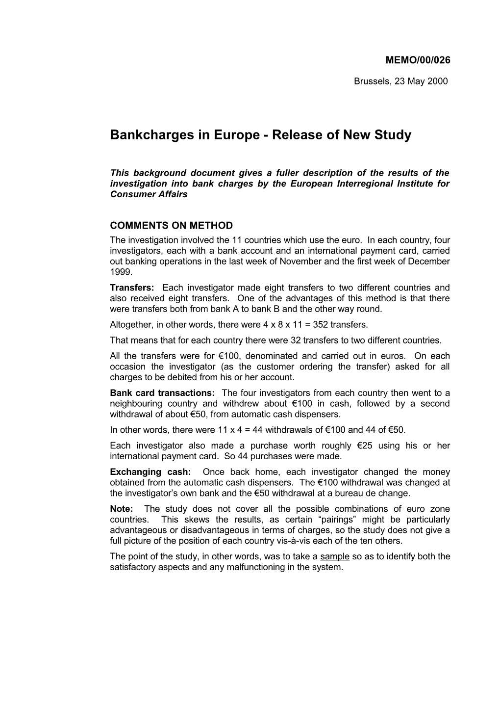 Bankcharges in Europe - Release of New Study