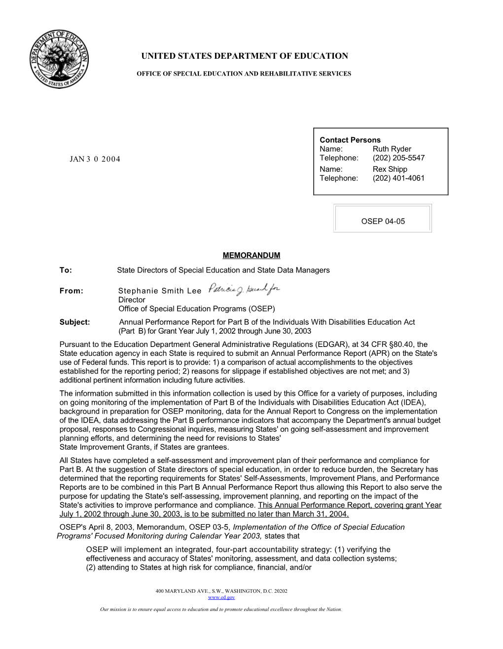 January 30, 2004, OSEP Memo to State Directors of Special Education and State Data Managers